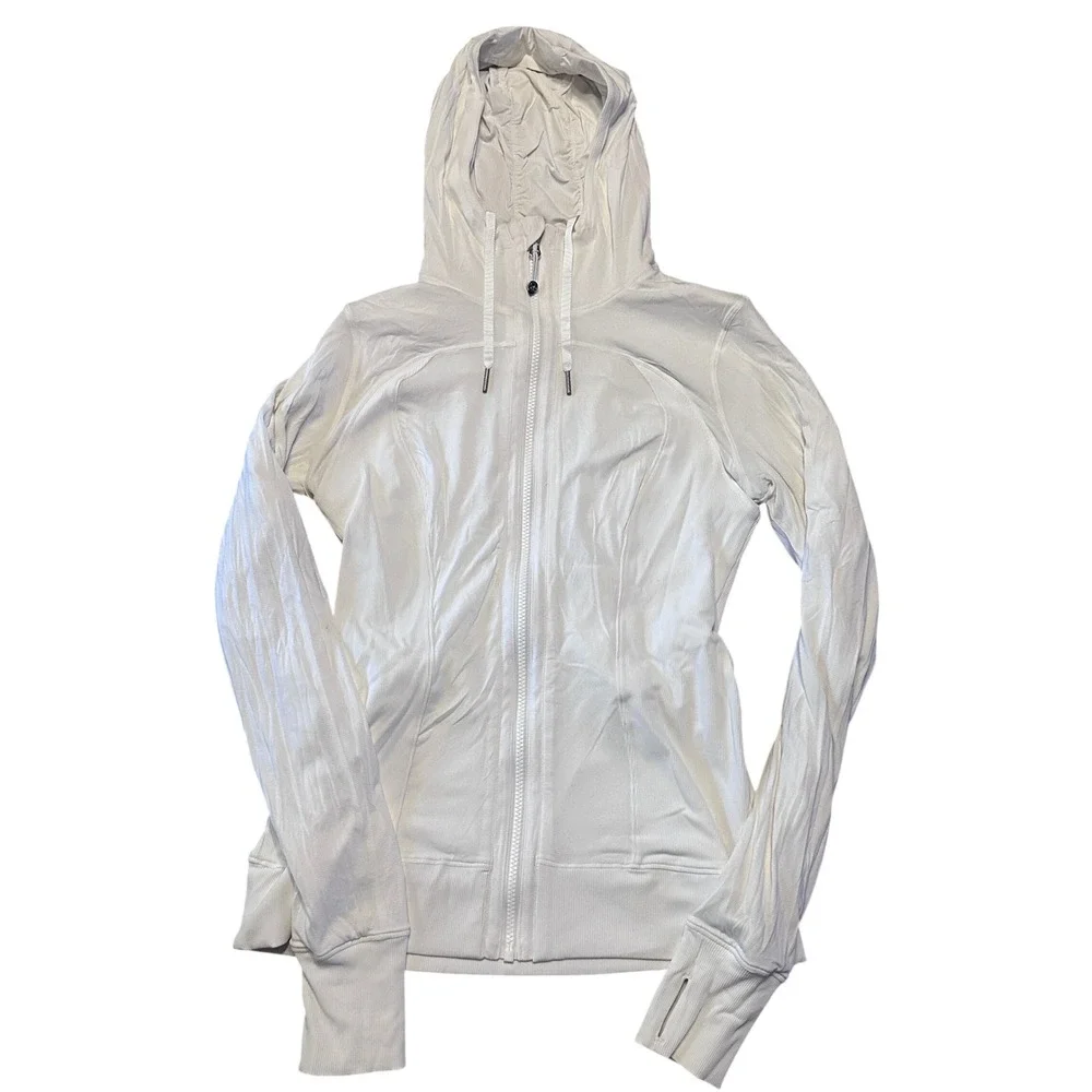 Lululemon Dance Studio Jacket White‎ Full Zip Hooded Cinched Sleeve Size 8
